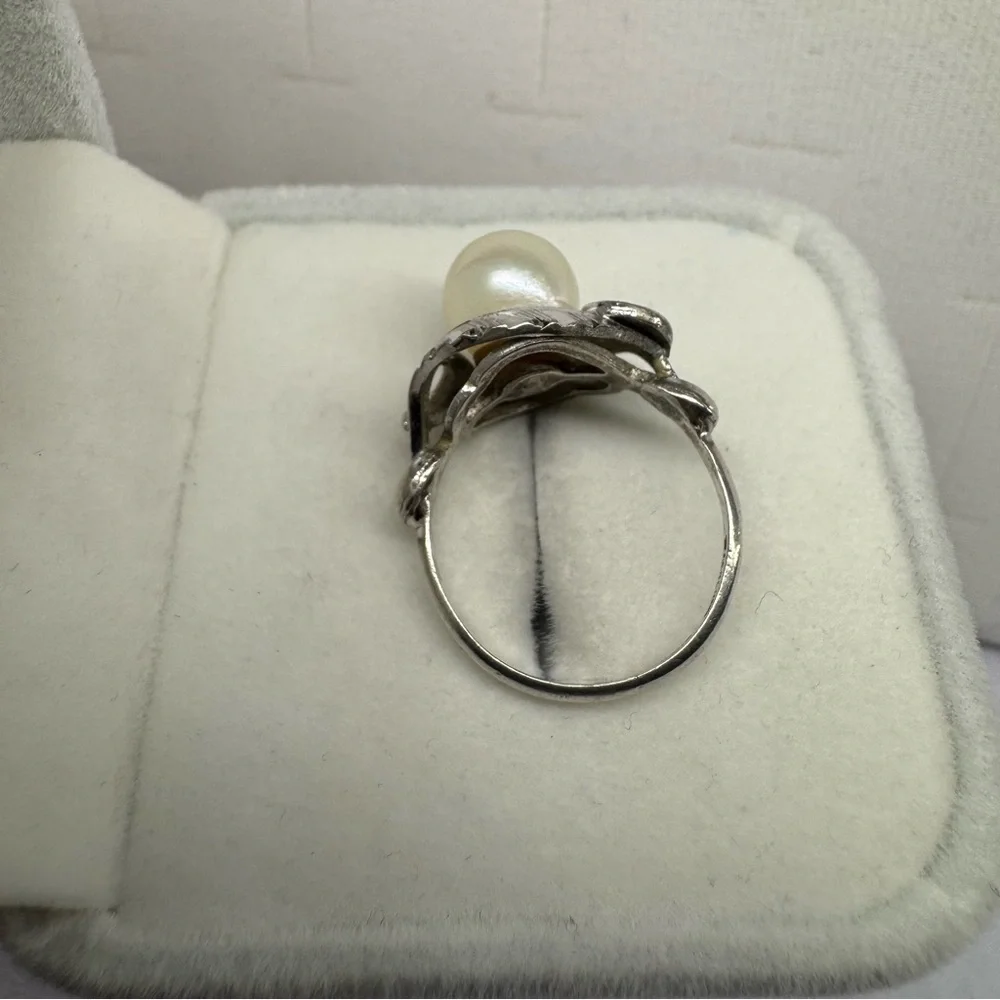 Cultured Pearl 925 Sterling Silver Ring Art Deco Size 5.75